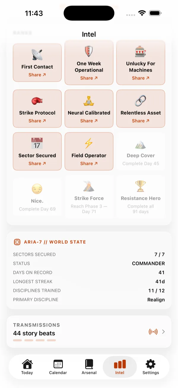 Forge90 badges screen showing earned ranks like Strike Protocol and Relentless Asset