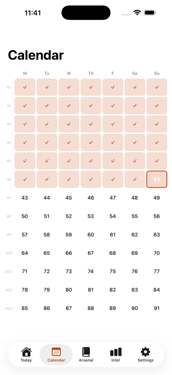 Forge90 91-day calendar with 7 weeks of completed workouts