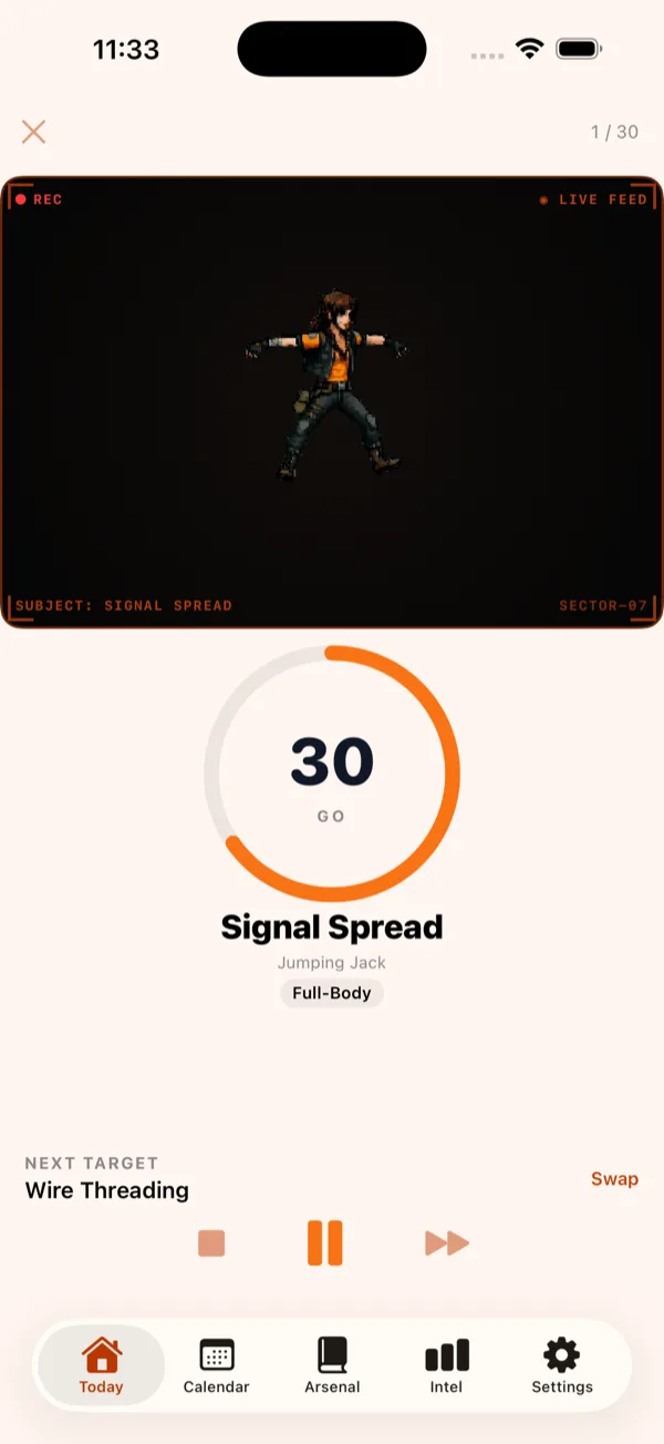 Forge90 workout player mid-exercise with a rep timer and next-exercise preview